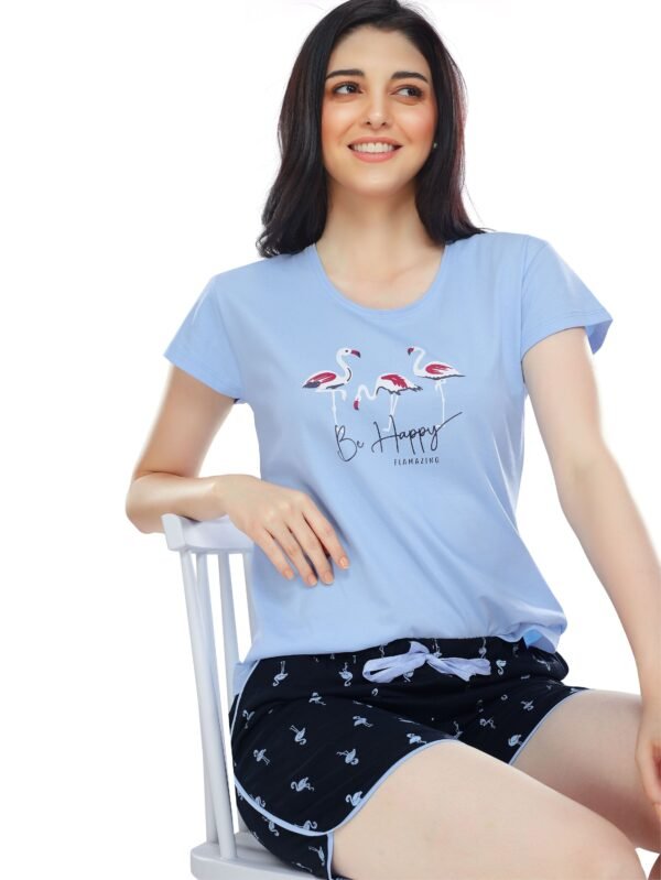 Women's Cotton Blue Flamingo Printed Shorts Set