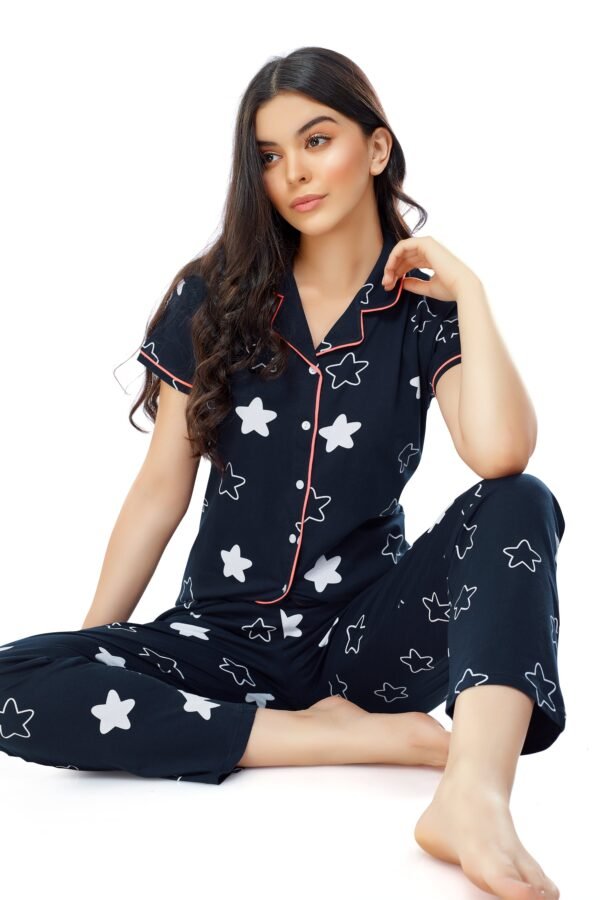 Women's Cotton Navy Blue & Pink Star Printed Stylish Night Suit Set