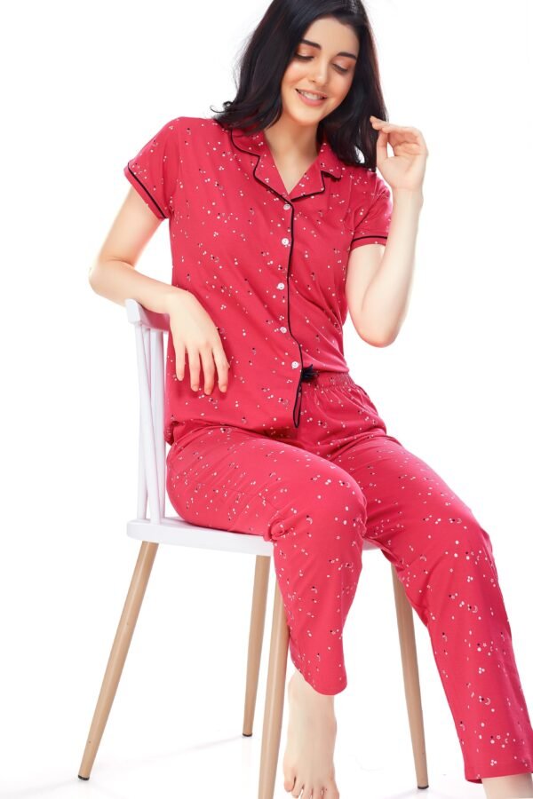 Women's Cotton Dark Pink Star & Moon Printed Stylish Night Suit Set