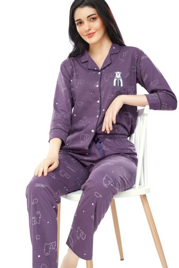 Women's Cotton Purple Bear Printed Stylish Night Suit Set