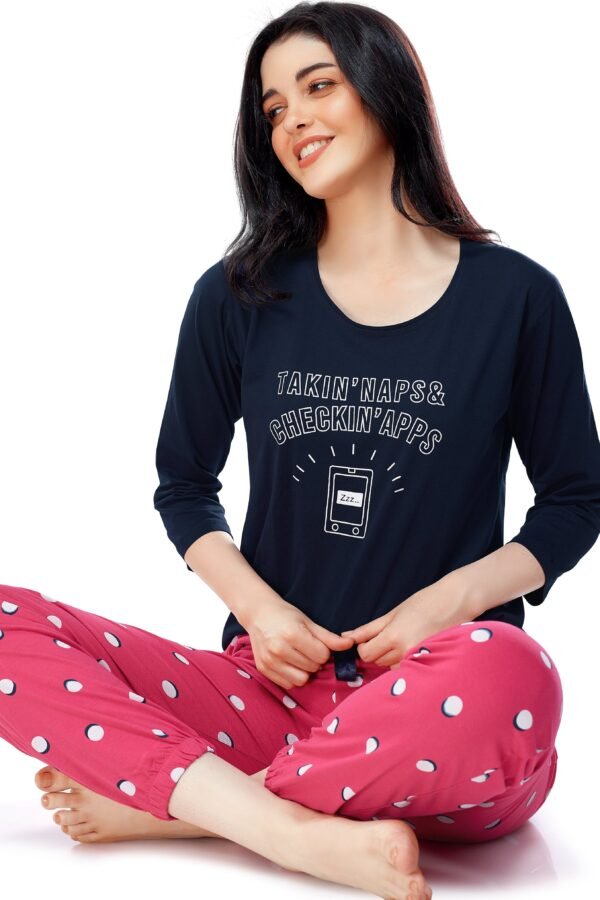 Women's Cotton Navy Blue Polka Dot Printed Stylish Night Suit Set