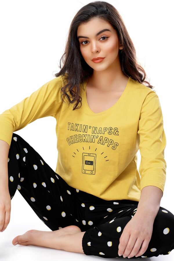 Women's Cotton Yellow Polka Dot Printed Stylish Night Suit Set