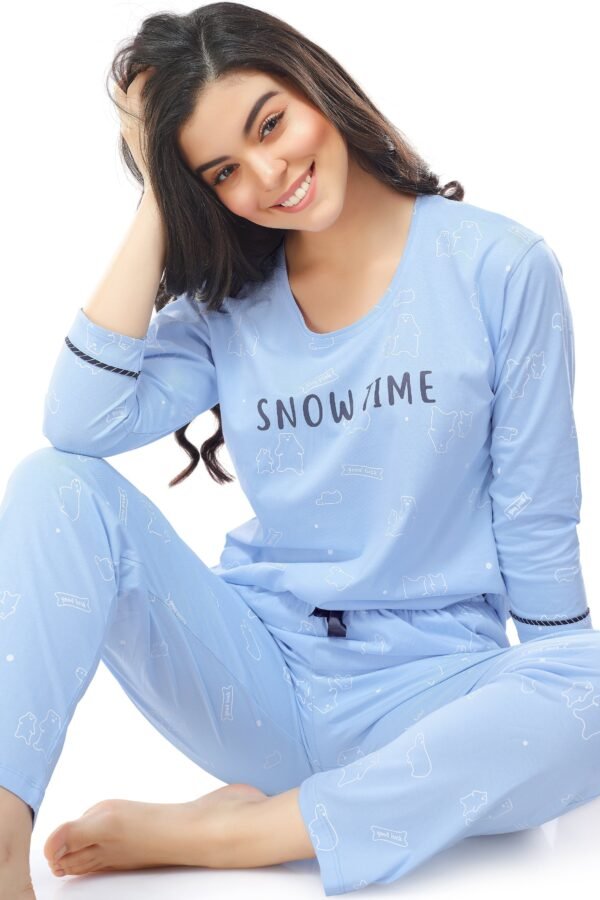 Women's Cotton Blue Bear Printed Stylish Night Suit