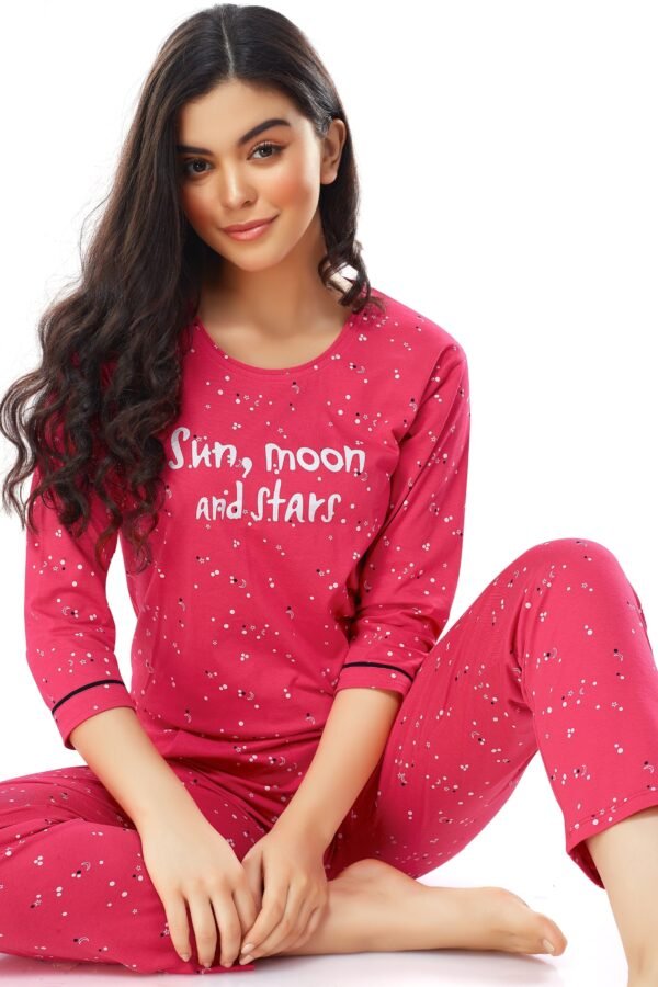 Women's Cotton Red Star & Moon Printed Stylish Night Suit Set