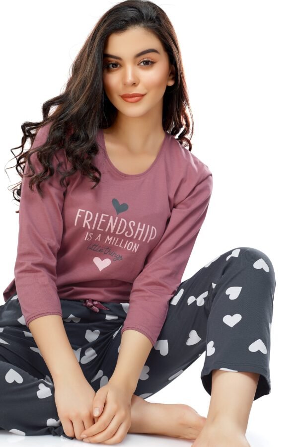 Women's Cotton Brown Heart Printed Stylish Night Suit Set