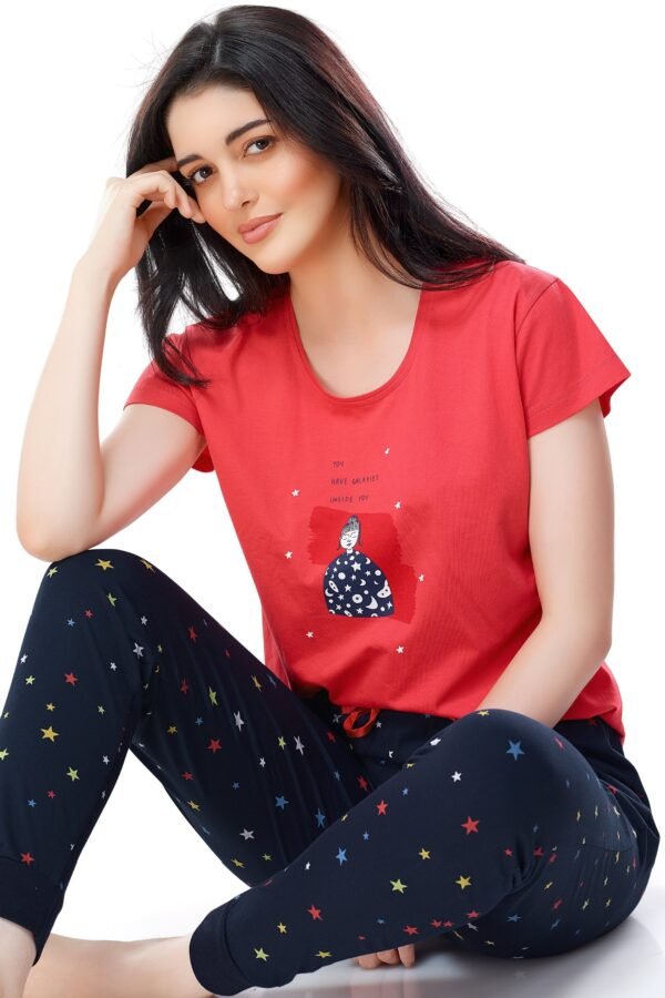 Women's Cotton Red Star Printed Stylish Night Suit