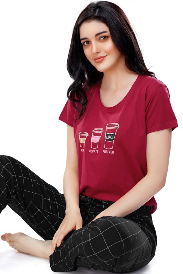 Women's Cotton Red Checked Printed Stylish Night Suit Set