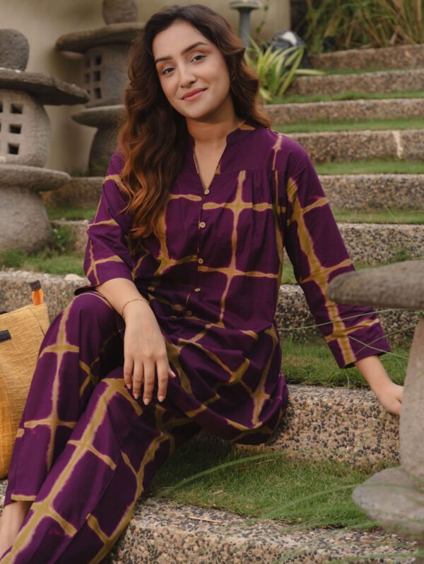 Womens Cotton Purple Checked Printed Kurta Set