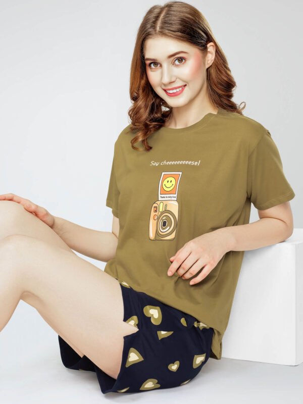 Women's Mustard Green Heart Printed Cotton Night Dress of Top and Short's set
