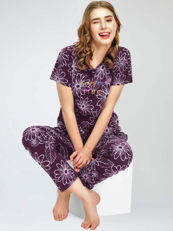 Women's Wine Berry Floral Printed Cotton Night Dress of Top and Pajama set