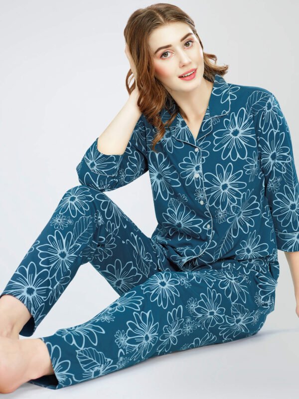 Women's Teal Blue Floral Printed Cotton Night Dress of Shirt and Pajama set
