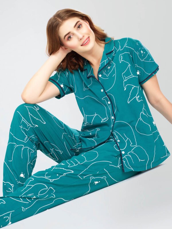 Women's Teal Green Polar bear Printed Cotton Night Dress of Shirt and Pajama set