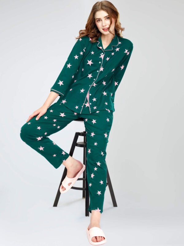 Women's Teal Green Star Printed Cotton Night Dress of Shirt and Pajama set